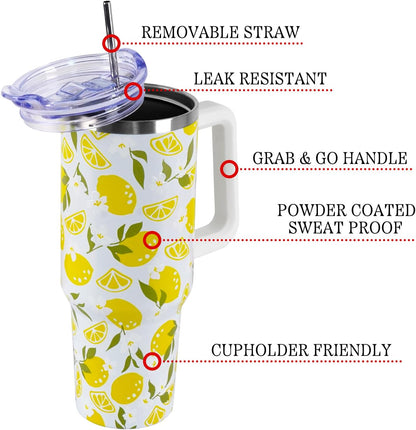 Floral Lemon Tumbler with Handle and Straw Lid 40 oz,Cute Spring Summer Gift for Women Men Friends Boho Flowers Vacuum Insulated Leak Proof Stainless Steel Coffee Cup Mug