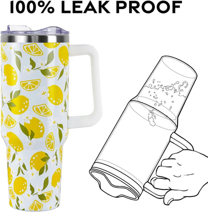 Floral Lemon Tumbler with Handle and Straw Lid 40 oz,Cute Spring Summer Gift for Women Men Friends Boho Flowers Vacuum Insulated Leak Proof Stainless Steel Coffee Cup Mug
