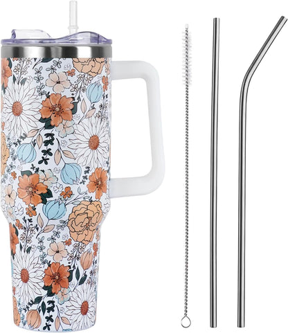 Floral Lemon Tumbler with Handle and Straw Lid 40 oz,Cute Spring Summer Gift for Women Men Friends Boho Flowers Vacuum Insulated Leak Proof Stainless Steel Coffee Cup Mug