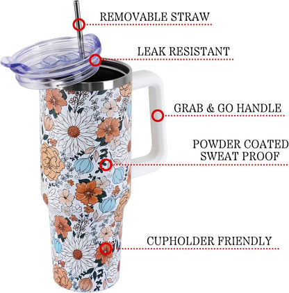 Floral Lemon Tumbler with Handle and Straw Lid 40 oz,Cute Spring Summer Gift for Women Men Friends Boho Flowers Vacuum Insulated Leak Proof Stainless Steel Coffee Cup Mug