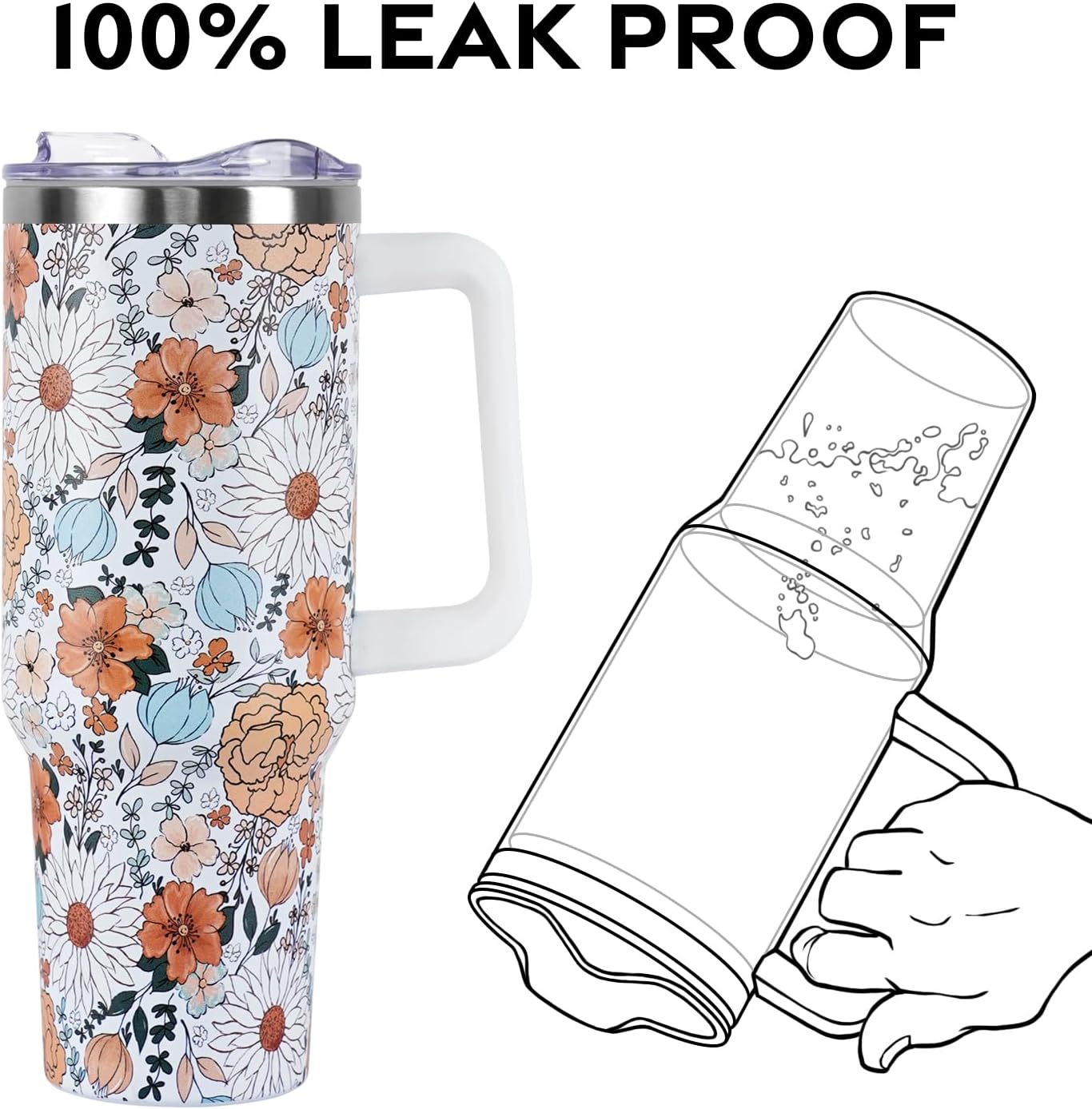 Floral Lemon Tumbler with Handle and Straw Lid 40 oz,Cute Spring Summer Gift for Women Men Friends Boho Flowers Vacuum Insulated Leak Proof Stainless Steel Coffee Cup Mug