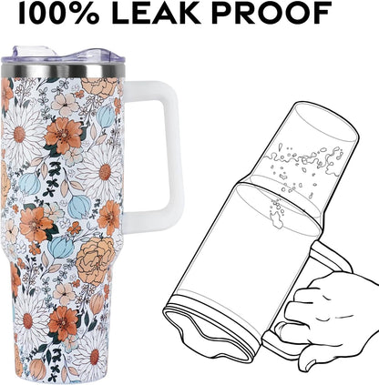 Floral Lemon Tumbler with Handle and Straw Lid 40 oz,Cute Spring Summer Gift for Women Men Friends Boho Flowers Vacuum Insulated Leak Proof Stainless Steel Coffee Cup Mug