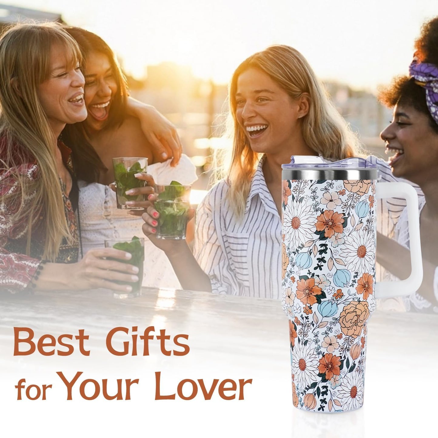 Floral Lemon Tumbler with Handle and Straw Lid 40 oz,Cute Spring Summer Gift for Women Men Friends Boho Flowers Vacuum Insulated Leak Proof Stainless Steel Coffee Cup Mug