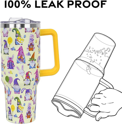 Floral Lemon Tumbler with Handle and Straw Lid 40 oz,Cute Spring Summer Gift for Women Men Friends Boho Flowers Vacuum Insulated Leak Proof Stainless Steel Coffee Cup Mug