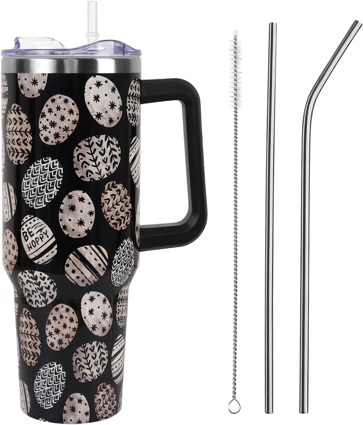 Floral Lemon Tumbler with Handle and Straw Lid 40 oz,Cute Spring Summer Gift for Women Men Friends Boho Flowers Vacuum Insulated Leak Proof Stainless Steel Coffee Cup Mug