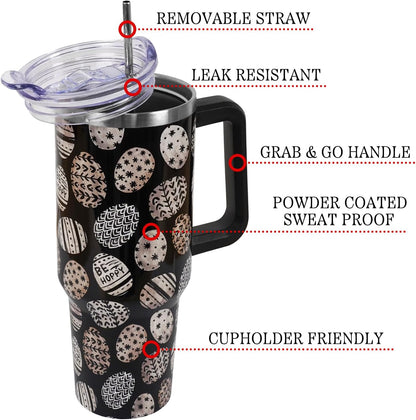 Floral Lemon Tumbler with Handle and Straw Lid 40 oz,Cute Spring Summer Gift for Women Men Friends Boho Flowers Vacuum Insulated Leak Proof Stainless Steel Coffee Cup Mug