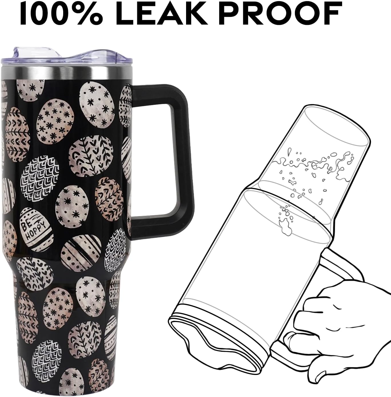 Floral Lemon Tumbler with Handle and Straw Lid 40 oz,Cute Spring Summer Gift for Women Men Friends Boho Flowers Vacuum Insulated Leak Proof Stainless Steel Coffee Cup Mug