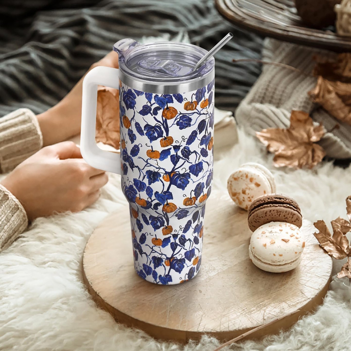 Floral Lemon Tumbler with Handle and Straw Lid 40 oz,Cute Spring Summer Gift for Women Men Friends Boho Flowers Vacuum Insulated Leak Proof Stainless Steel Coffee Cup Mug