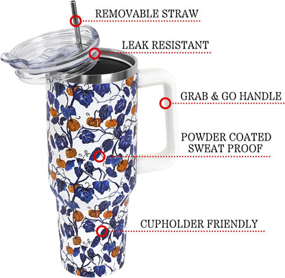 Floral Lemon Tumbler with Handle and Straw Lid 40 oz,Cute Spring Summer Gift for Women Men Friends Boho Flowers Vacuum Insulated Leak Proof Stainless Steel Coffee Cup Mug