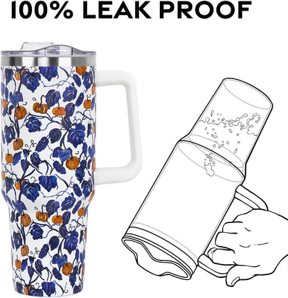 Floral Lemon Tumbler with Handle and Straw Lid 40 oz,Cute Spring Summer Gift for Women Men Friends Boho Flowers Vacuum Insulated Leak Proof Stainless Steel Coffee Cup Mug