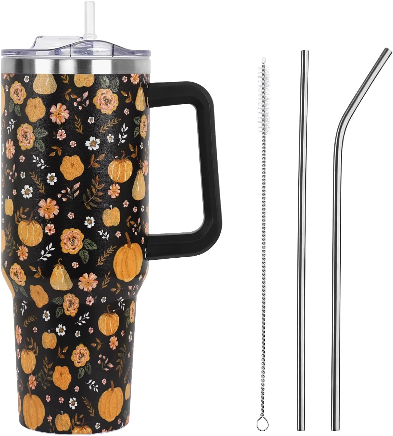 Floral Lemon Tumbler with Handle and Straw Lid 40 oz,Cute Spring Summer Gift for Women Men Friends Boho Flowers Vacuum Insulated Leak Proof Stainless Steel Coffee Cup Mug