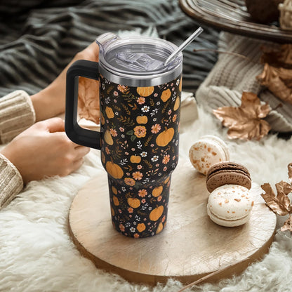 Floral Lemon Tumbler with Handle and Straw Lid 40 oz,Cute Spring Summer Gift for Women Men Friends Boho Flowers Vacuum Insulated Leak Proof Stainless Steel Coffee Cup Mug