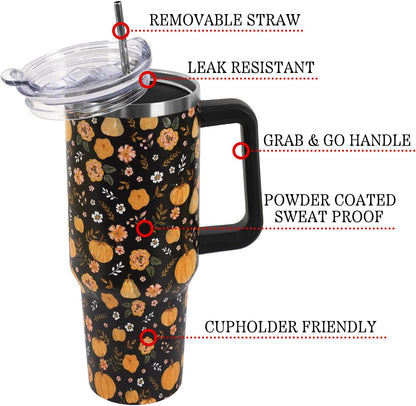 Floral Lemon Tumbler with Handle and Straw Lid 40 oz,Cute Spring Summer Gift for Women Men Friends Boho Flowers Vacuum Insulated Leak Proof Stainless Steel Coffee Cup Mug