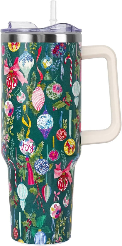 Floral Lemon Tumbler with Handle and Straw Lid 40 oz,Cute Spring Summer Gift for Women Men Friends Boho Flowers Vacuum Insulated Leak Proof Stainless Steel Coffee Cup Mug