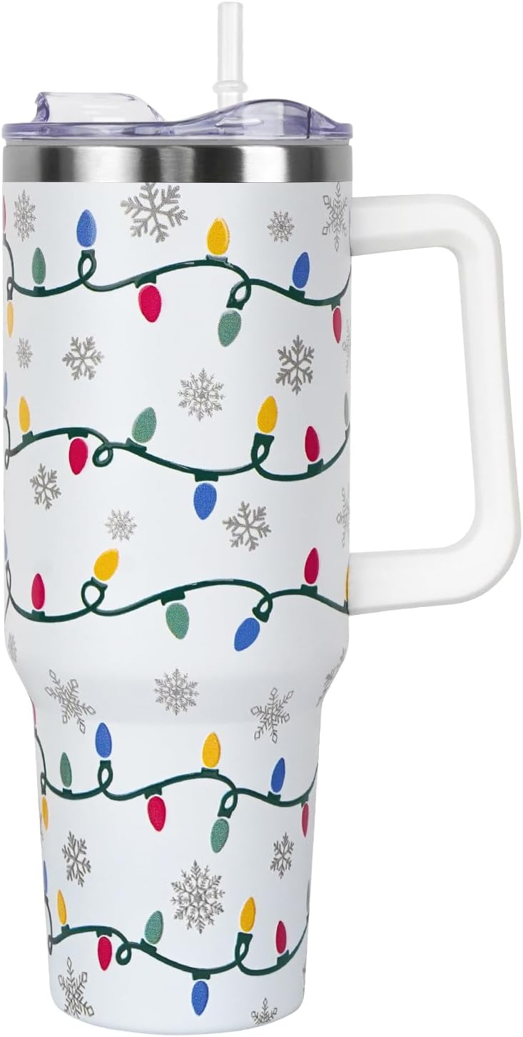 Floral Lemon Tumbler with Handle and Straw Lid 40 oz,Cute Spring Summer Gift for Women Men Friends Boho Flowers Vacuum Insulated Leak Proof Stainless Steel Coffee Cup Mug