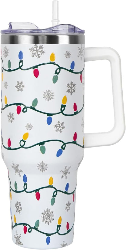 Floral Lemon Tumbler with Handle and Straw Lid 40 oz,Cute Spring Summer Gift for Women Men Friends Boho Flowers Vacuum Insulated Leak Proof Stainless Steel Coffee Cup Mug