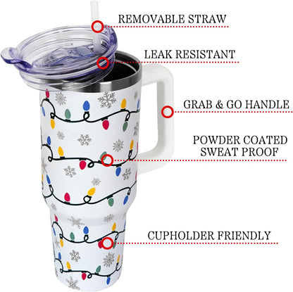 Floral Lemon Tumbler with Handle and Straw Lid 40 oz,Cute Spring Summer Gift for Women Men Friends Boho Flowers Vacuum Insulated Leak Proof Stainless Steel Coffee Cup Mug