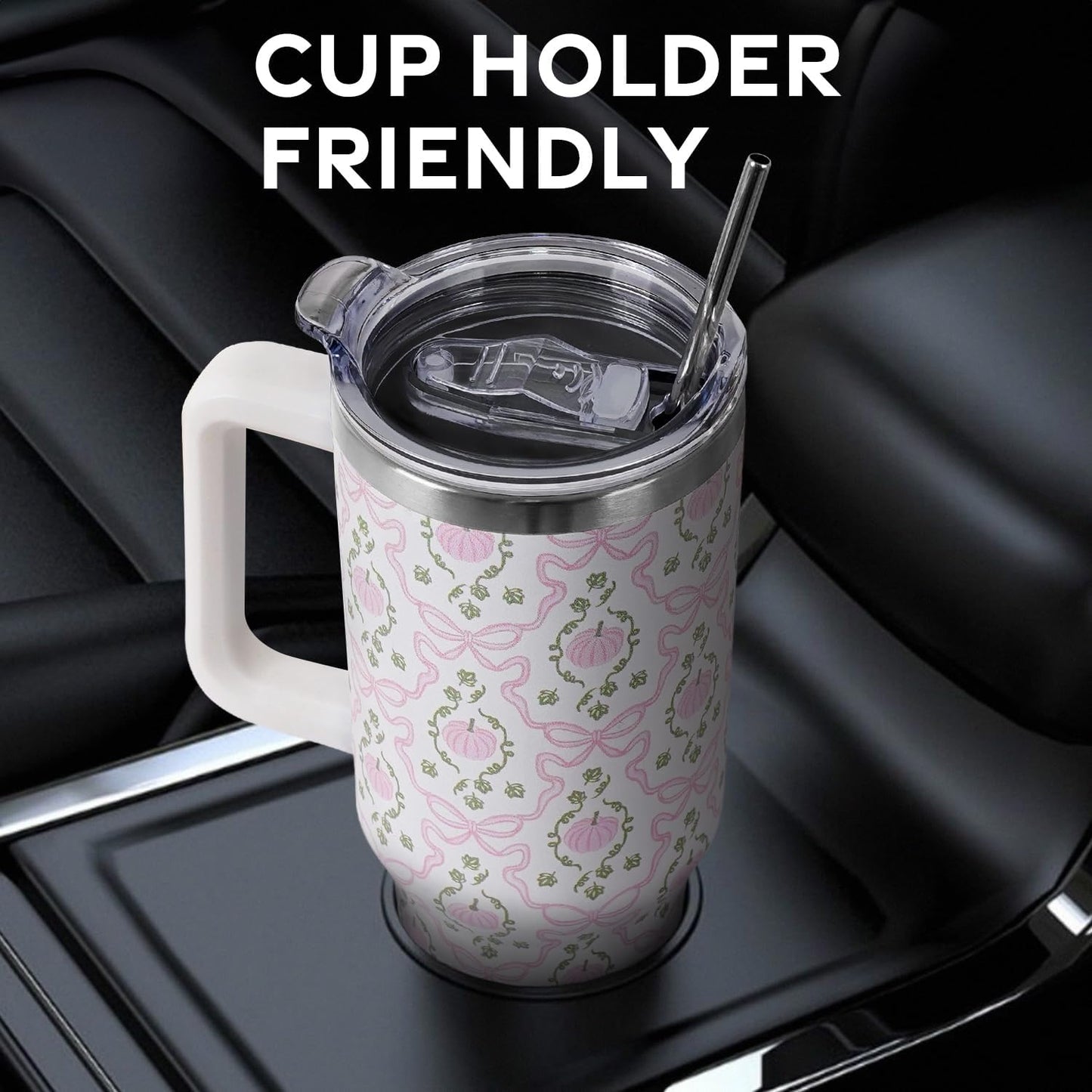 Floral Lemon Tumbler with Handle and Straw Lid 40 oz,Cute Spring Summer Gift for Women Men Lemon Leaves Vacuum Insulated Leak Proof Stainless Steel Coffee Cup Mug