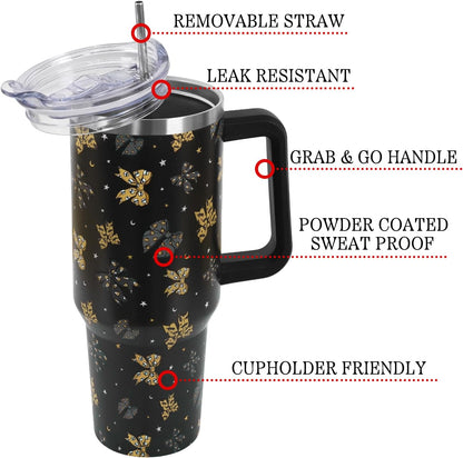 Floral Lemon Tumbler with Handle and Straw Lid 40 oz,Cute Spring Summer Gift for Women Men Lemon Leaves Vacuum Insulated Leak Proof Stainless Steel Coffee Cup Mug