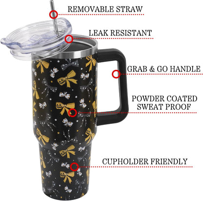 Floral Lemon Tumbler with Handle and Straw Lid 40 oz,Cute Spring Summer Gift for Women Men Lemon Leaves Vacuum Insulated Leak Proof Stainless Steel Coffee Cup Mug