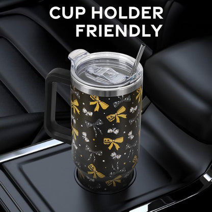 Floral Lemon Tumbler with Handle and Straw Lid 40 oz,Cute Spring Summer Gift for Women Men Lemon Leaves Vacuum Insulated Leak Proof Stainless Steel Coffee Cup Mug