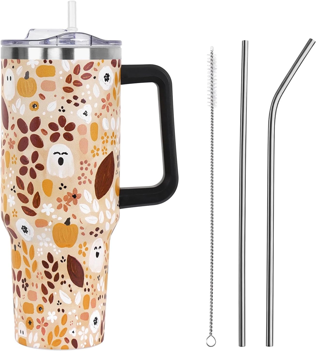 Floral Lemon Tumbler with Handle and Straw Lid 40 oz,Cute Spring Summer Gift for Women Men Lemon Leaves Vacuum Insulated Leak Proof Stainless Steel Coffee Cup Mug