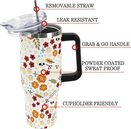 Floral Lemon Tumbler with Handle and Straw Lid 40 oz,Cute Spring Summer Gift for Women Men Lemon Leaves Vacuum Insulated Leak Proof Stainless Steel Coffee Cup Mug