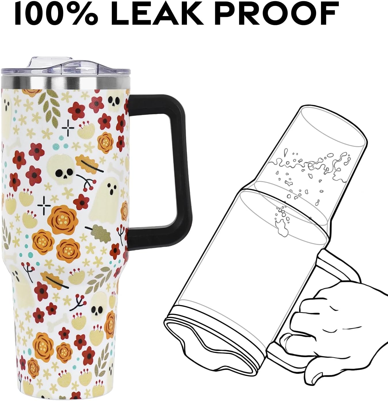Floral Lemon Tumbler with Handle and Straw Lid 40 oz,Cute Spring Summer Gift for Women Men Lemon Leaves Vacuum Insulated Leak Proof Stainless Steel Coffee Cup Mug