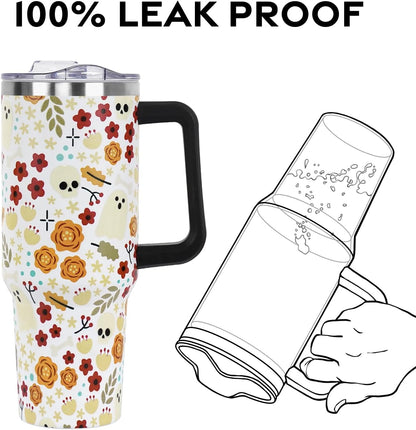 Floral Lemon Tumbler with Handle and Straw Lid 40 oz,Cute Spring Summer Gift for Women Men Lemon Leaves Vacuum Insulated Leak Proof Stainless Steel Coffee Cup Mug