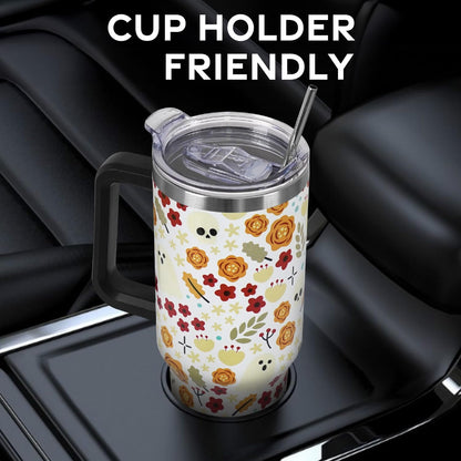 Floral Lemon Tumbler with Handle and Straw Lid 40 oz,Cute Spring Summer Gift for Women Men Lemon Leaves Vacuum Insulated Leak Proof Stainless Steel Coffee Cup Mug