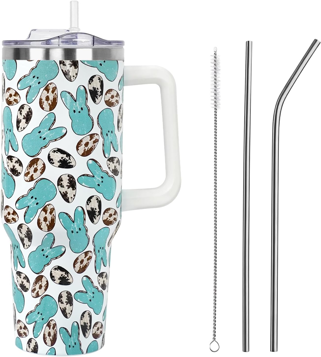 Floral Lemon Tumbler with Handle and Straw Lid 40 oz,Cute Spring Summer Gift for Women Men Lemon Leaves Vacuum Insulated Leak Proof Stainless Steel Coffee Cup Mug