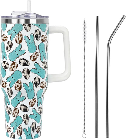 Floral Lemon Tumbler with Handle and Straw Lid 40 oz,Cute Spring Summer Gift for Women Men Lemon Leaves Vacuum Insulated Leak Proof Stainless Steel Coffee Cup Mug