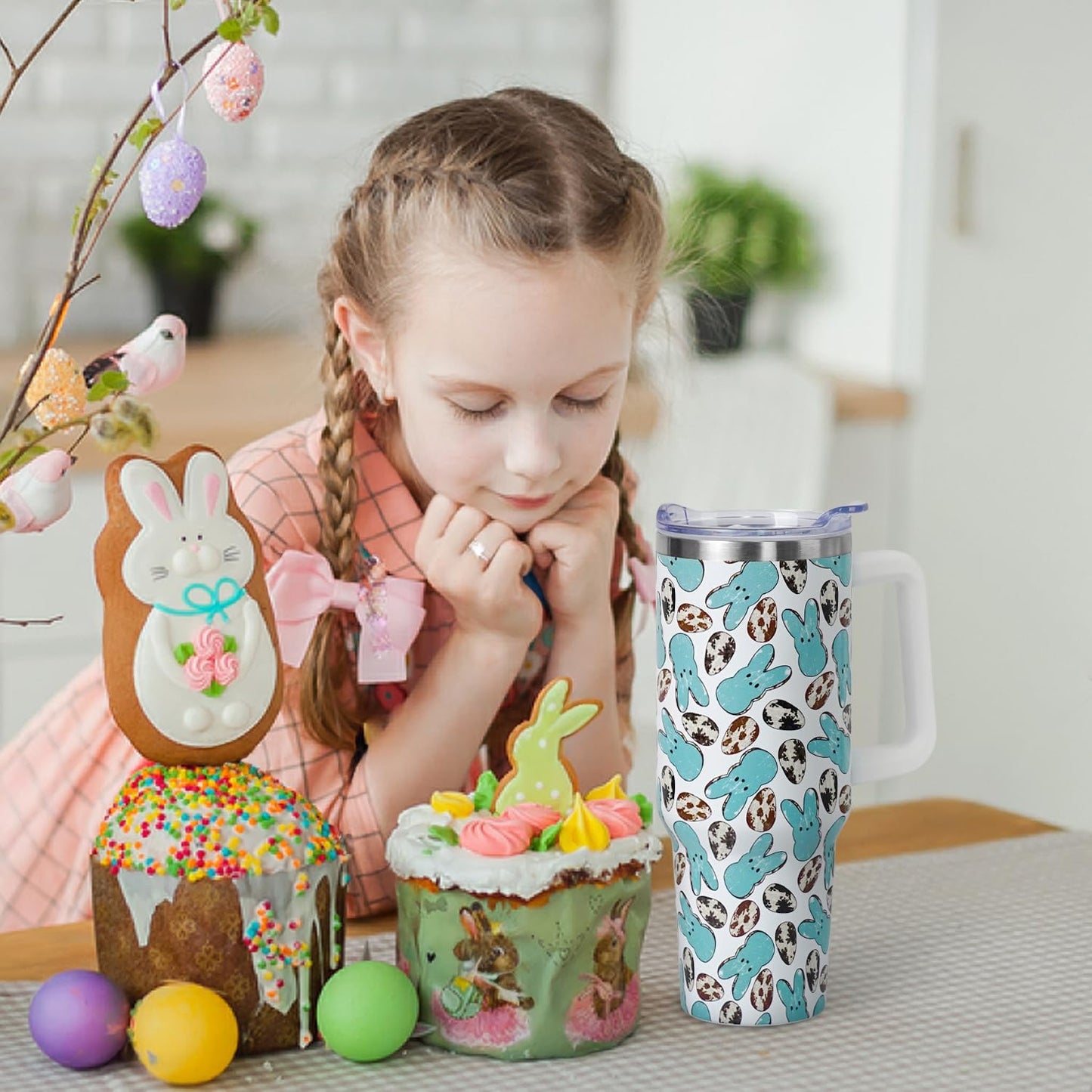 Floral Lemon Tumbler with Handle and Straw Lid 40 oz,Cute Spring Summer Gift for Women Men Lemon Leaves Vacuum Insulated Leak Proof Stainless Steel Coffee Cup Mug