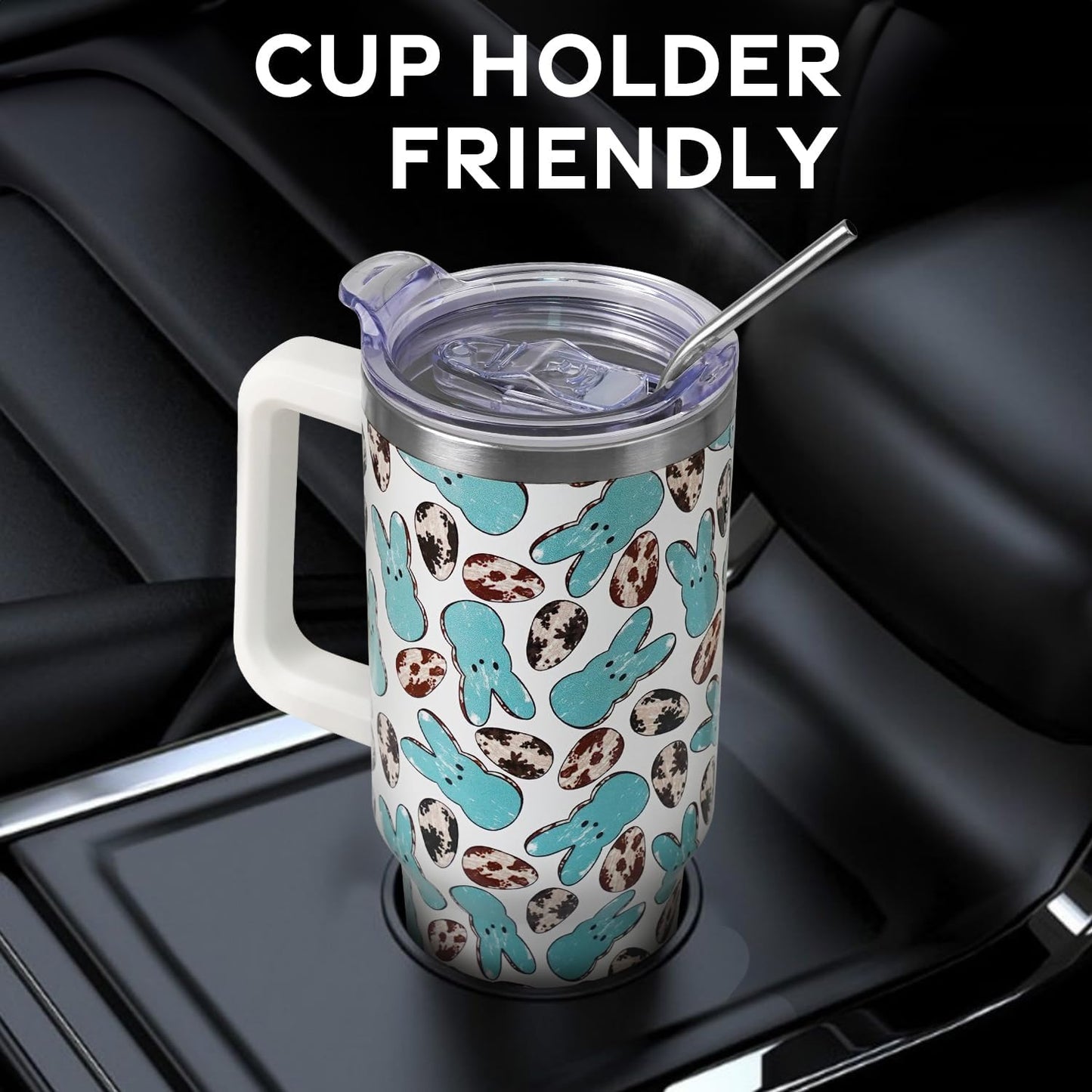 Floral Lemon Tumbler with Handle and Straw Lid 40 oz,Cute Spring Summer Gift for Women Men Lemon Leaves Vacuum Insulated Leak Proof Stainless Steel Coffee Cup Mug