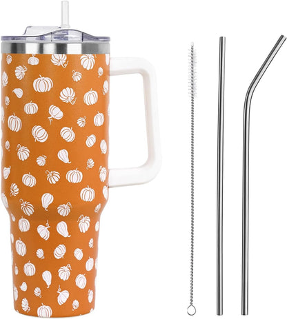 Floral Lemon Tumbler with Handle and Straw Lid 40 oz,Cute Spring Summer Gift for Women Men Lemon Leaves Vacuum Insulated Leak Proof Stainless Steel Coffee Cup Mug