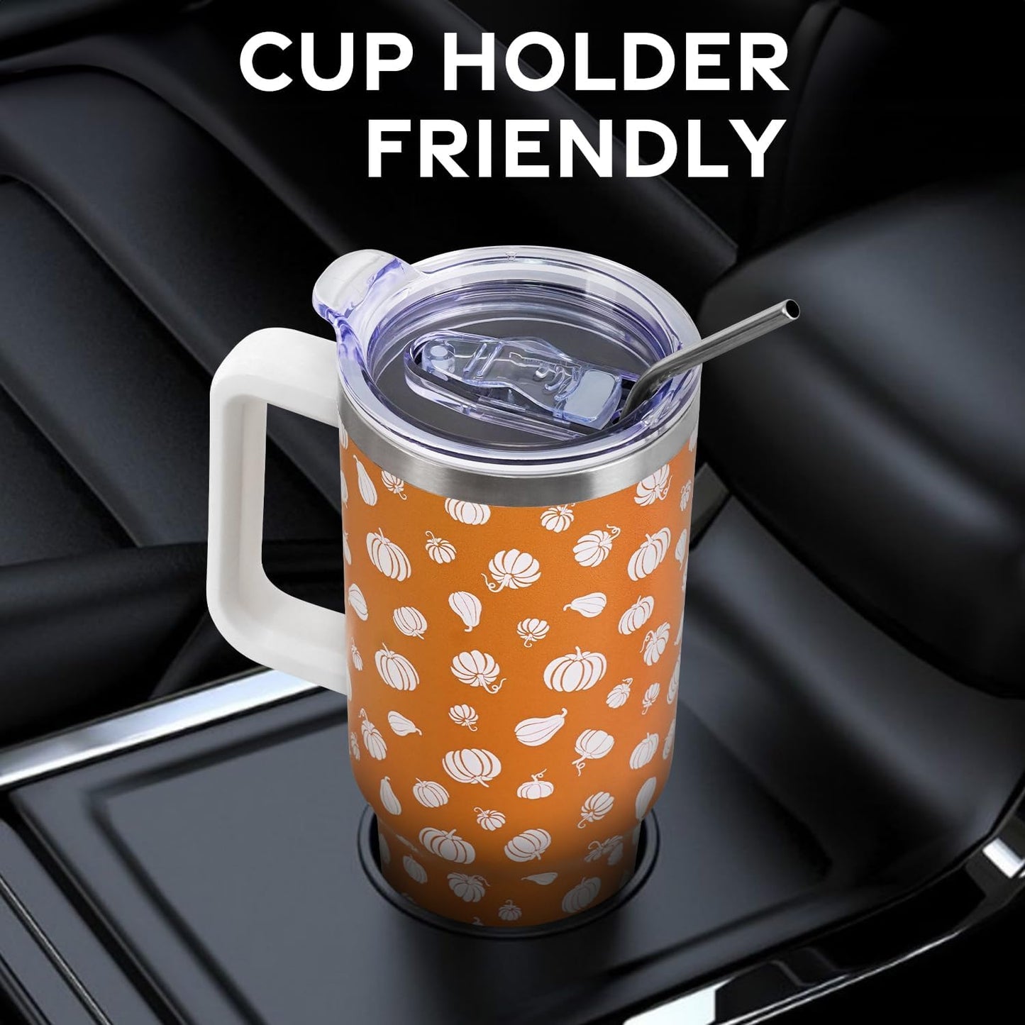 Floral Lemon Tumbler with Handle and Straw Lid 40 oz,Cute Spring Summer Gift for Women Men Lemon Leaves Vacuum Insulated Leak Proof Stainless Steel Coffee Cup Mug