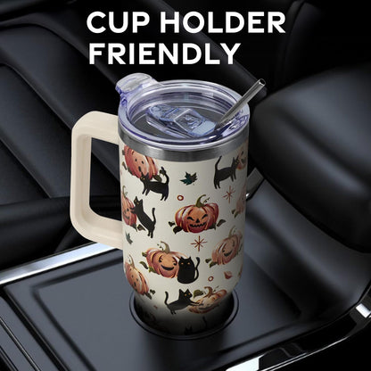 Floral Lemon Tumbler with Handle and Straw Lid 40 oz,Cute Spring Summer Gift for Women Men Lemon Leaves Vacuum Insulated Leak Proof Stainless Steel Coffee Cup Mug