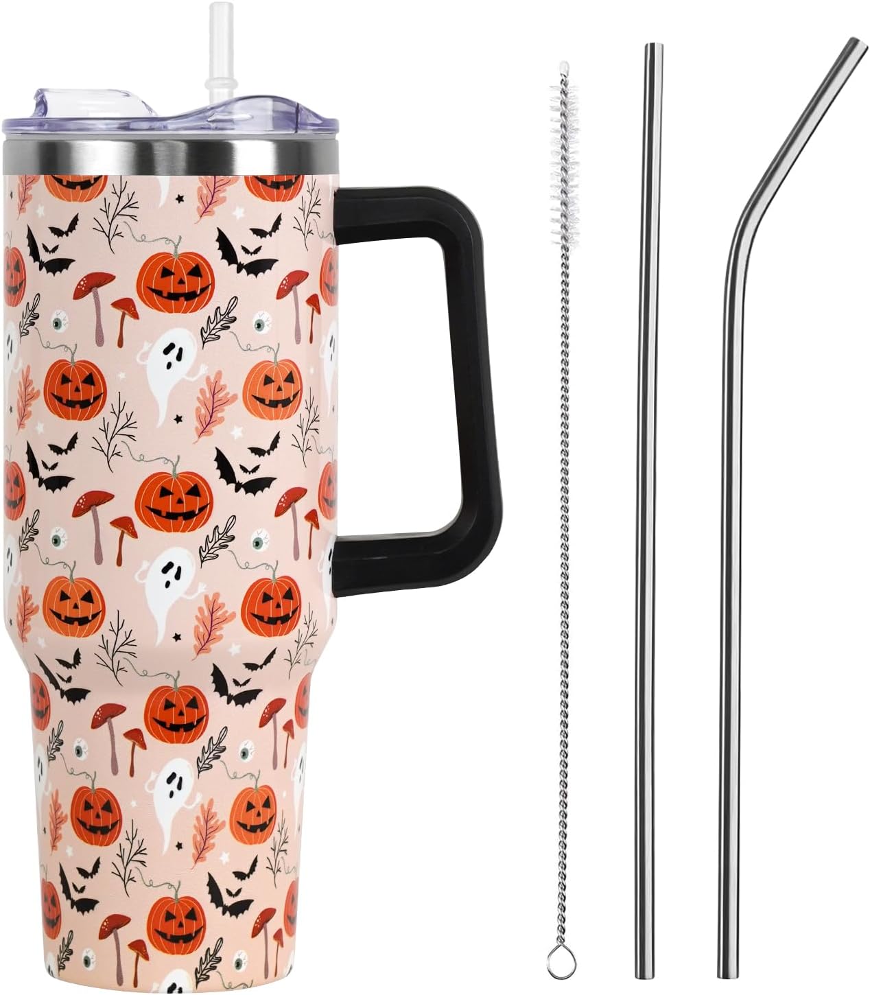 Floral Lemon Tumbler with Handle and Straw Lid 40 oz,Cute Spring Summer Gift for Women Men Lemon Leaves Vacuum Insulated Leak Proof Stainless Steel Coffee Cup Mug