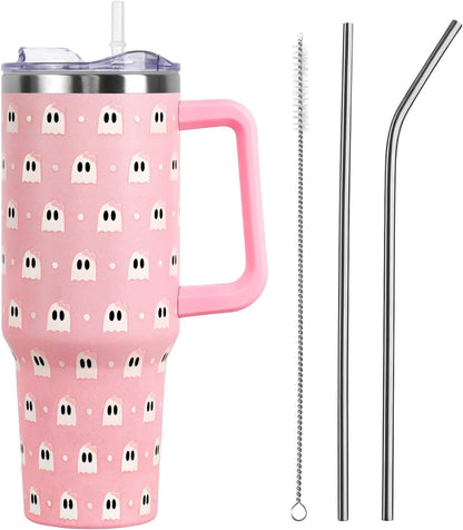 Floral Lemon Tumbler with Handle and Straw Lid 40 oz,Cute Spring Summer Gift for Women Men Lemon Leaves Vacuum Insulated Leak Proof Stainless Steel Coffee Cup Mug