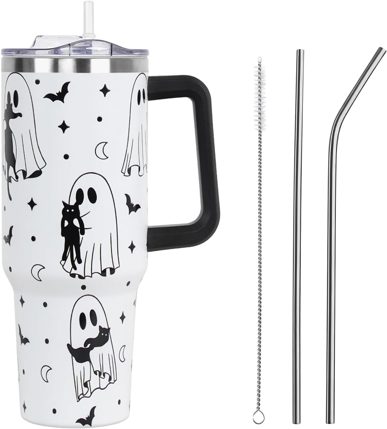 Floral Lemon Tumbler with Handle and Straw Lid 40 oz,Cute Spring Summer Gift for Women Men Lemon Leaves Vacuum Insulated Leak Proof Stainless Steel Coffee Cup Mug