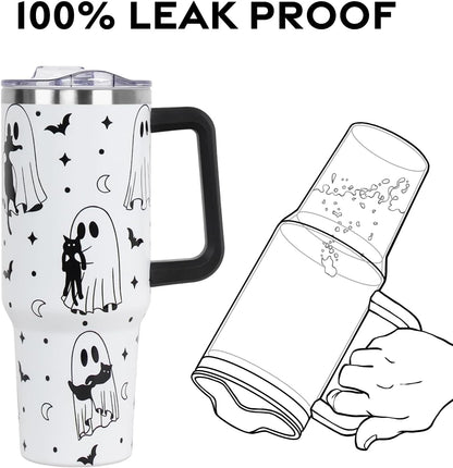 Floral Lemon Tumbler with Handle and Straw Lid 40 oz,Cute Spring Summer Gift for Women Men Lemon Leaves Vacuum Insulated Leak Proof Stainless Steel Coffee Cup Mug