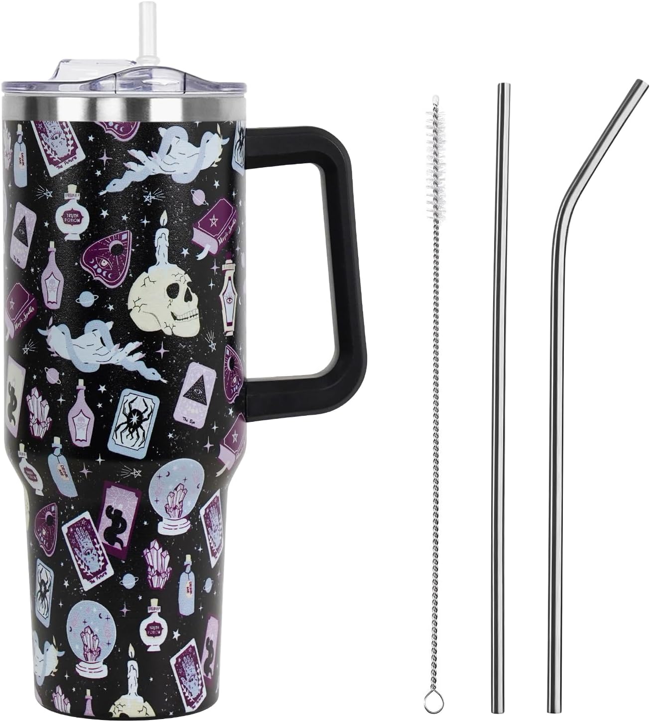 Floral Lemon Tumbler with Handle and Straw Lid 40 oz,Cute Spring Summer Gift for Women Men Lemon Leaves Vacuum Insulated Leak Proof Stainless Steel Coffee Cup Mug