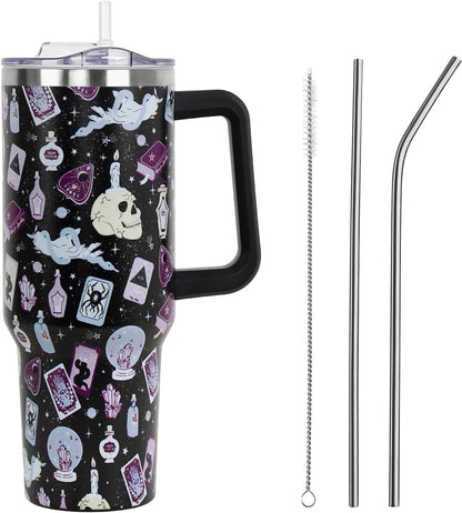 Floral Lemon Tumbler with Handle and Straw Lid 40 oz,Cute Spring Summer Gift for Women Men Lemon Leaves Vacuum Insulated Leak Proof Stainless Steel Coffee Cup Mug