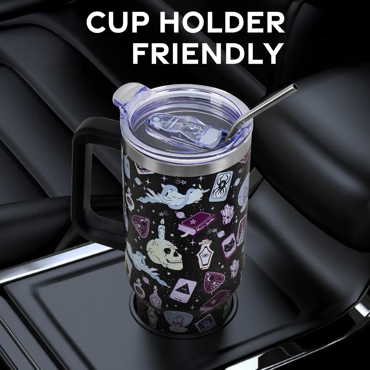 Floral Lemon Tumbler with Handle and Straw Lid 40 oz,Cute Spring Summer Gift for Women Men Lemon Leaves Vacuum Insulated Leak Proof Stainless Steel Coffee Cup Mug