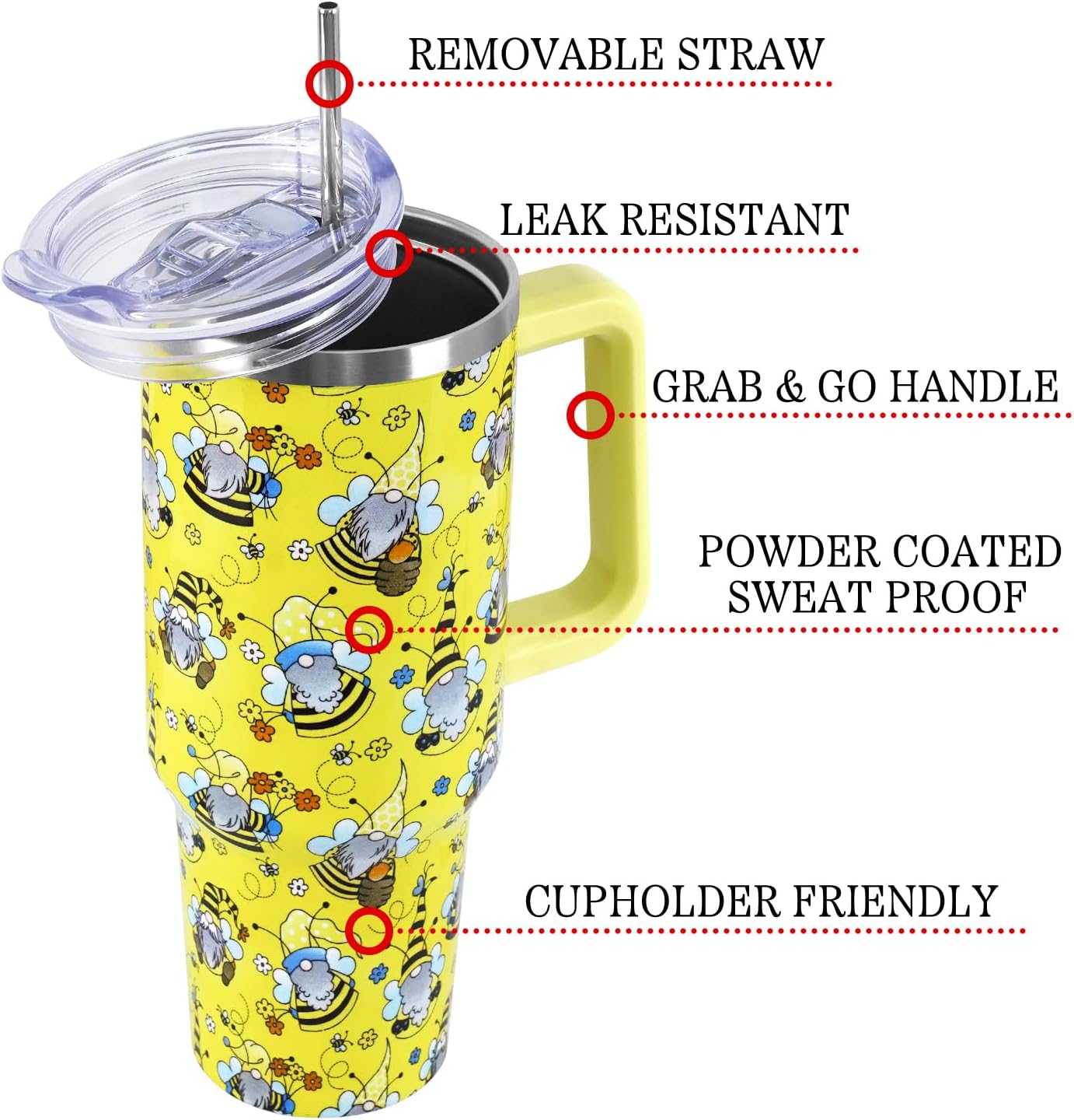 Floral Lemon Tumbler with Handle and Straw Lid 40 oz,Cute Spring Summer Gift for Women Men Lemon Leaves Vacuum Insulated Leak Proof Stainless Steel Coffee Cup Mug