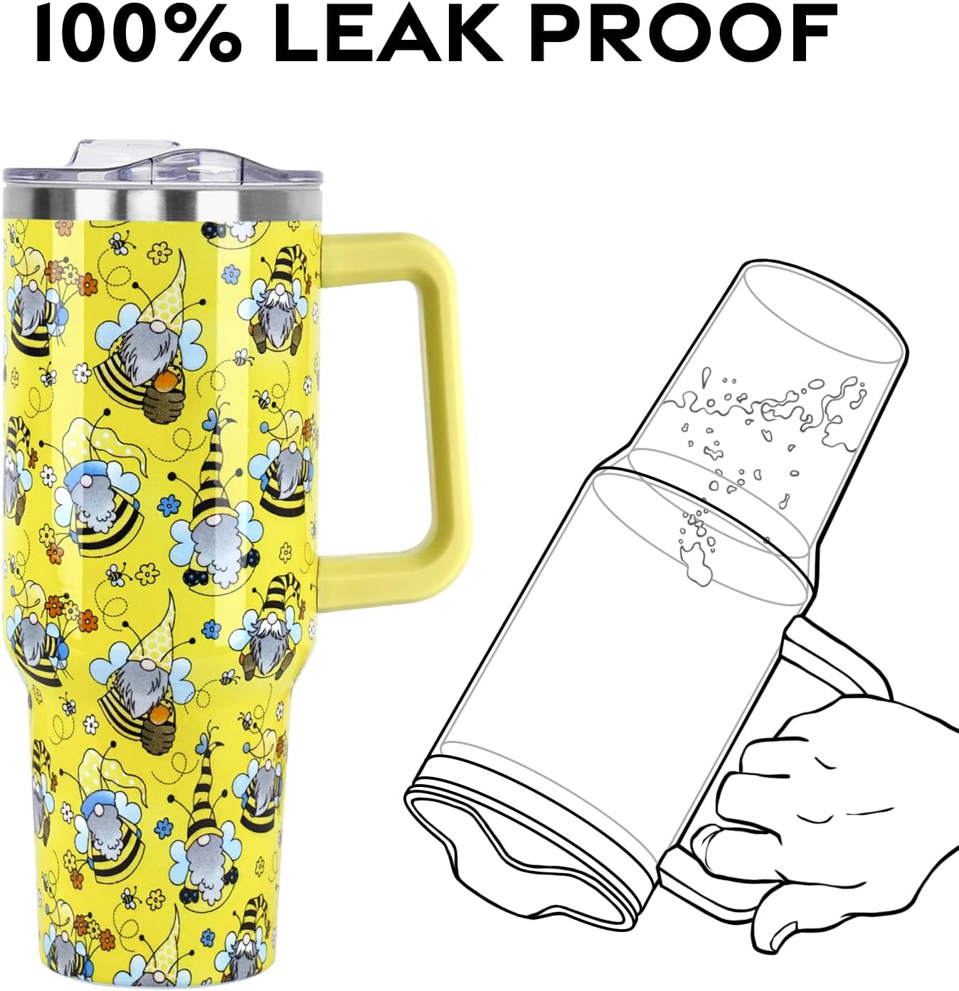 Floral Lemon Tumbler with Handle and Straw Lid 40 oz,Cute Spring Summer Gift for Women Men Lemon Leaves Vacuum Insulated Leak Proof Stainless Steel Coffee Cup Mug