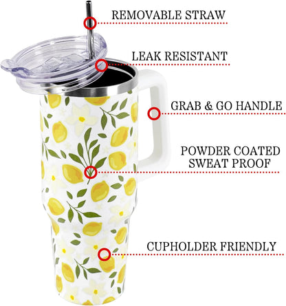 Floral Lemon Tumbler with Handle and Straw Lid 40 oz,Cute Spring Summer Gift for Women Men Lemon Leaves Vacuum Insulated Leak Proof Stainless Steel Coffee Cup Mug