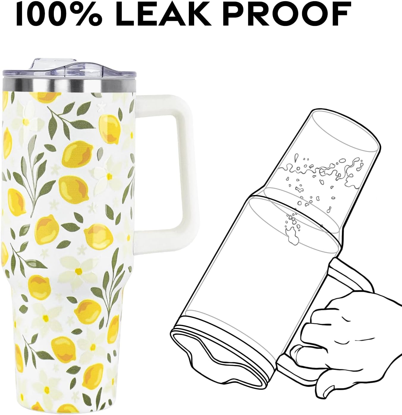 Floral Lemon Tumbler with Handle and Straw Lid 40 oz,Cute Spring Summer Gift for Women Men Lemon Leaves Vacuum Insulated Leak Proof Stainless Steel Coffee Cup Mug