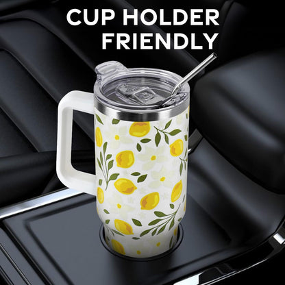 Floral Lemon Tumbler with Handle and Straw Lid 40 oz,Cute Spring Summer Gift for Women Men Lemon Leaves Vacuum Insulated Leak Proof Stainless Steel Coffee Cup Mug