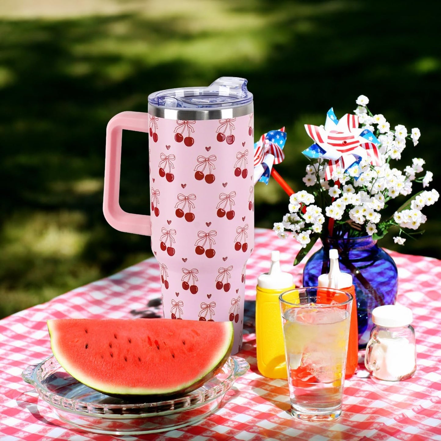 Floral Lemon Tumbler with Handle and Straw Lid 40 oz,Cute Spring Summer Gift for Women Men Lemon Leaves Vacuum Insulated Leak Proof Stainless Steel Coffee Cup Mug
